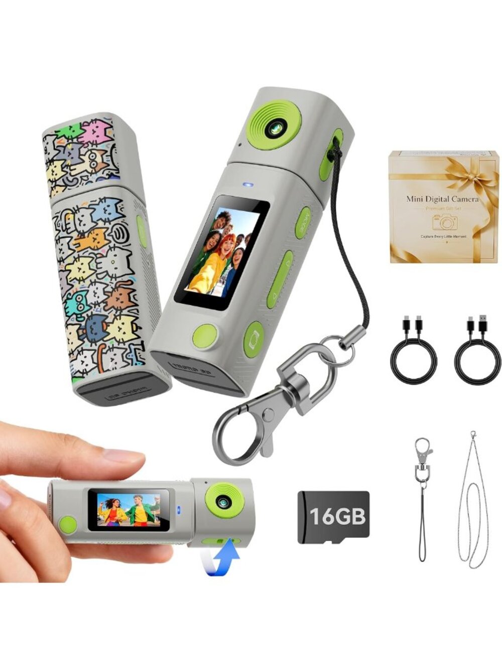 2K Mini Keychain Camera with 16GB Card, Vintage Video Recorder, HD Display